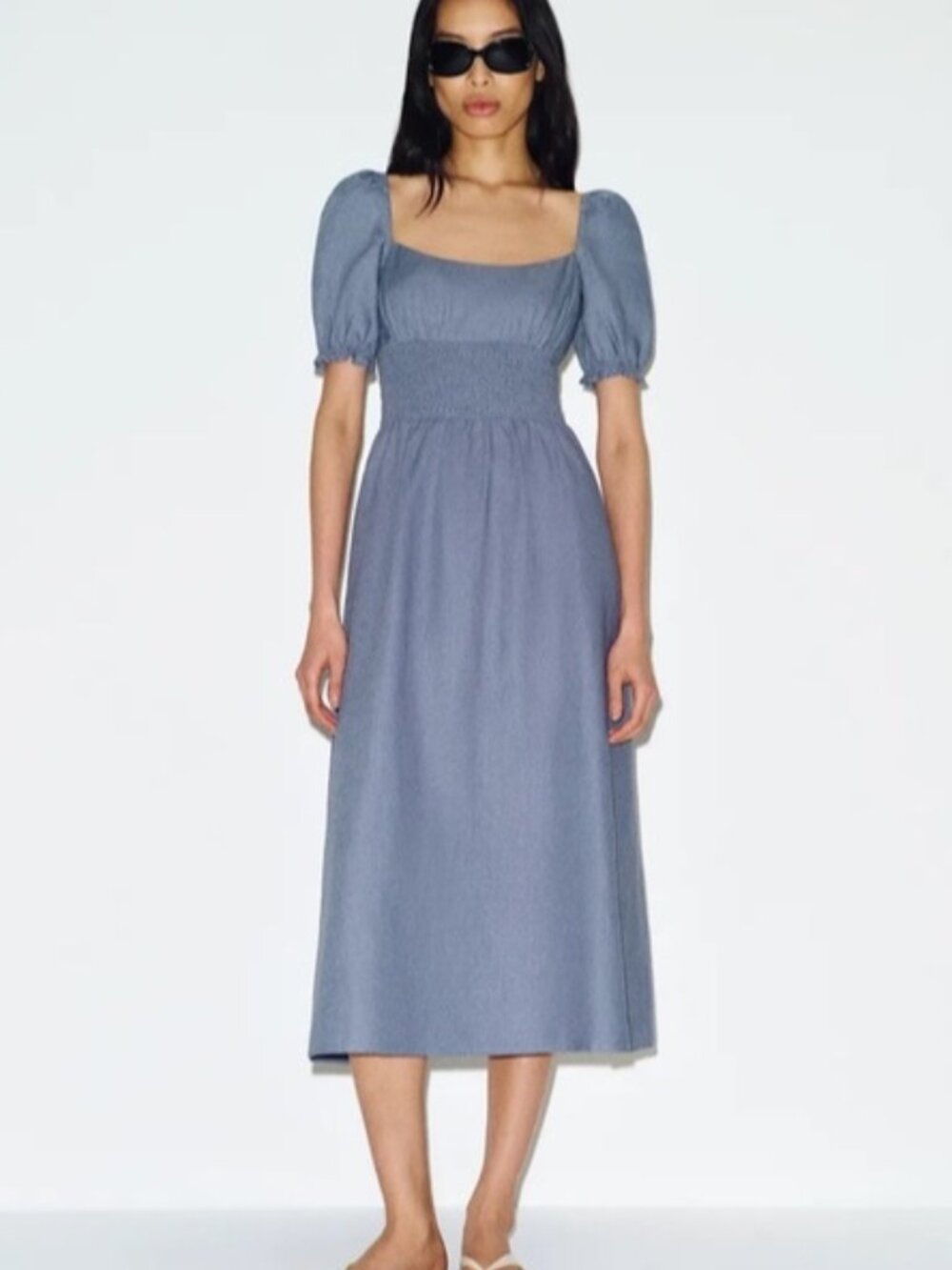 NEW Reformation Adler Linen Midi Smocked Puff Sleeve Dress Cornflower Blue US 0